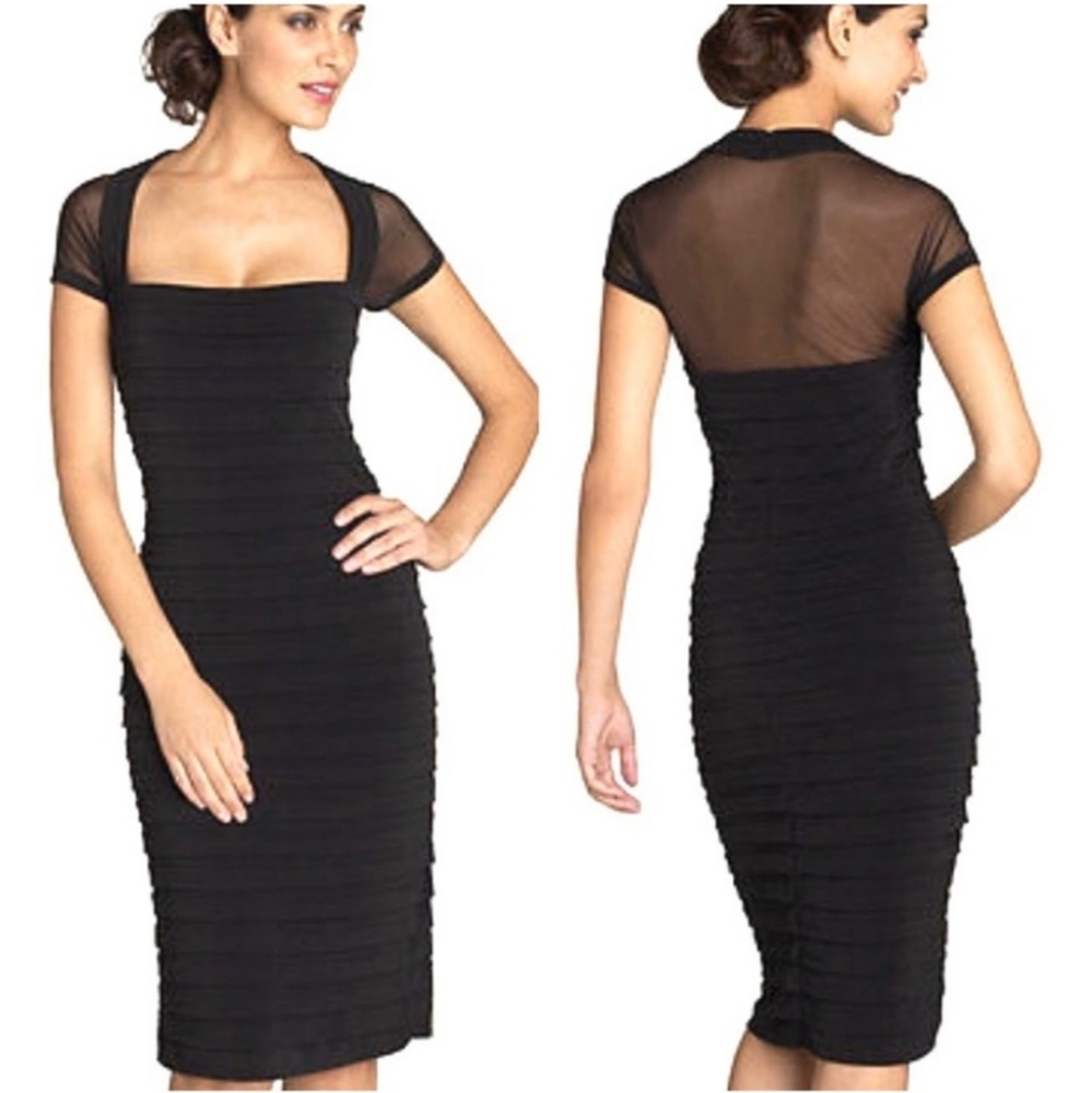NWT Maggy London Petite Black Bodycon Cocktail Dress Sheer Top